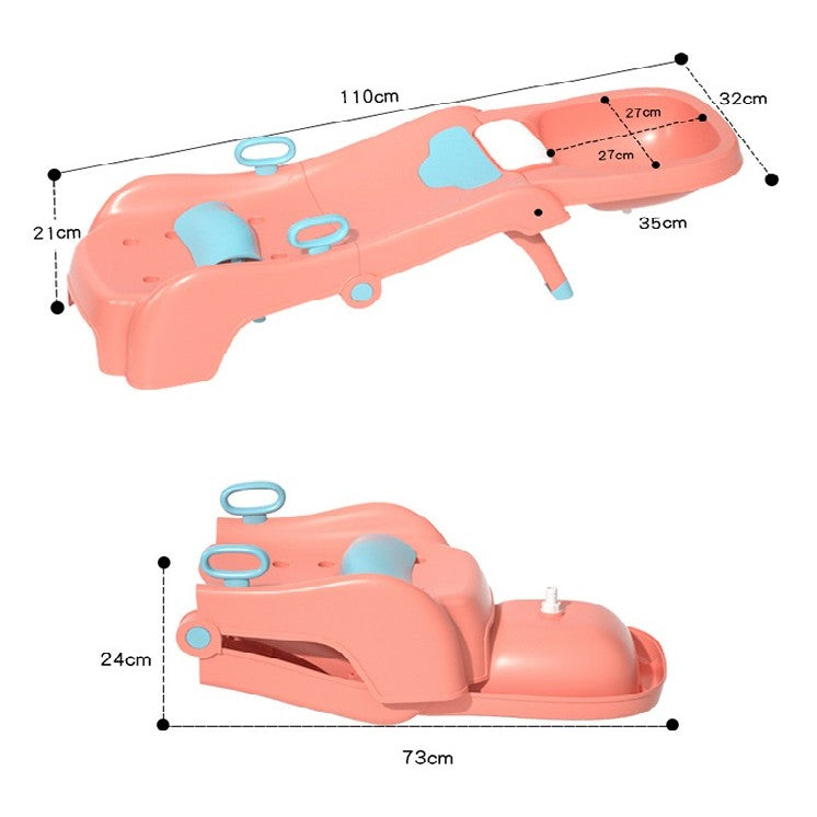 Suport Pliabil pentru Spalat Parul Copii, Cadita Ergonomica cu Scurgere si Suport Cap Reglabil, Picioare Antialunecare, Manere Laterale, Polipropilena, 110 x 35 x 21 cm, Roz
