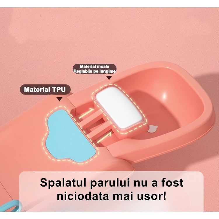 Suport Pliabil pentru Spalat Parul Copii, Cadita Ergonomica cu Scurgere si Suport Cap Reglabil, Picioare Antialunecare, Manere Laterale, Polipropilena, 110 x 35 x 21 cm, Roz