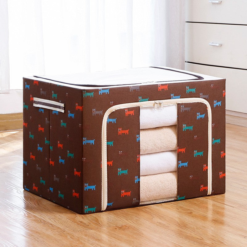 Cutie Depozitare Pliabila, Organizator Haine si Jucarii cu Cadru Metalic si Fermoar, Material Textil cu Fereastra Transparenta, Imprimeu Catelusi, 100 L, 60x42x40 cm, Maro