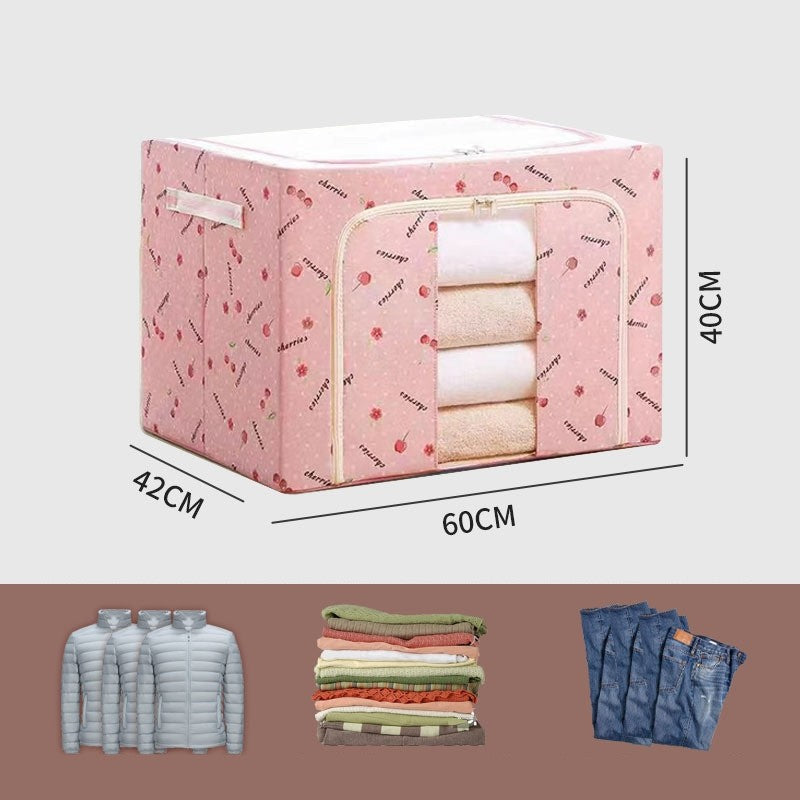 Cutie de Depozitare Pliabila, Organizator Haine si Lenjerie cu Fermoar, Cadru Metalic si Fereastra Transparenta, Material Textil, 100 L, Imprimeu Cirese, Roz, 60x42x40 cm