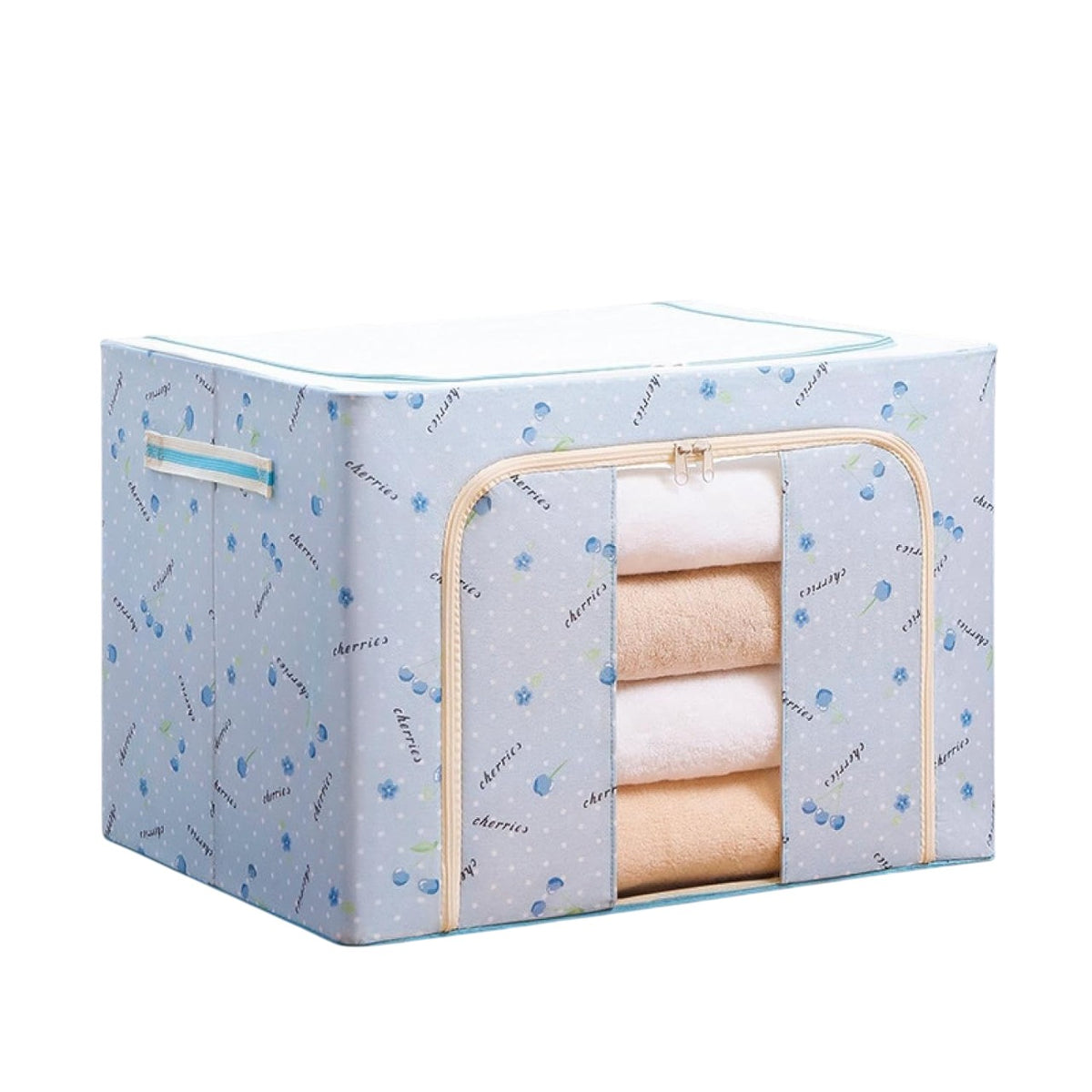 Cutie de Depozitare Pliabila pentru Haine si Lenjerie, Capacitate 100 L, Cadru Metalic si Fereastra Transparenta, Tesatura Oxford cu Fermoar Bidirectional, 60x42x40 cm, Imprimeu Cirese, Albastru