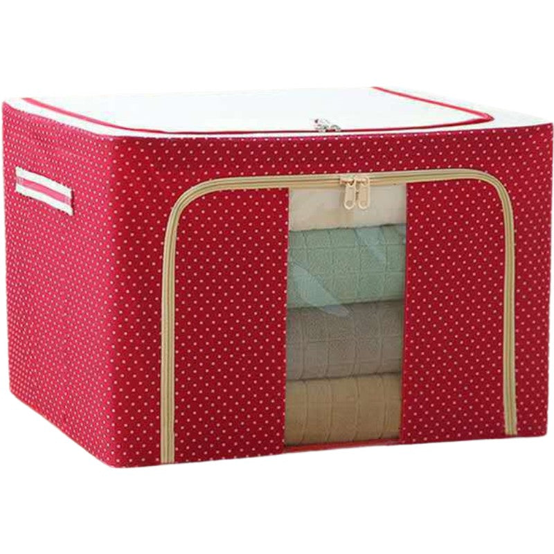 Cutie de Depozitare Pliabila pentru Haine si Lenjerie, Cadru Metalic si Fereastra Transparenta, Material Textil cu Fermoar, 100 L, 60x42x40 cm, Rosu cu Buline
