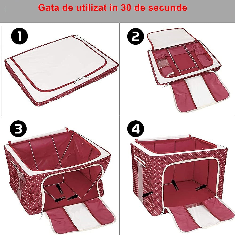 Cutie de Depozitare Pliabila pentru Haine si Lenjerie, Cadru Metalic si Fereastra Transparenta, Material Textil cu Fermoar, 100 L, 60x42x40 cm, Rosu cu Buline