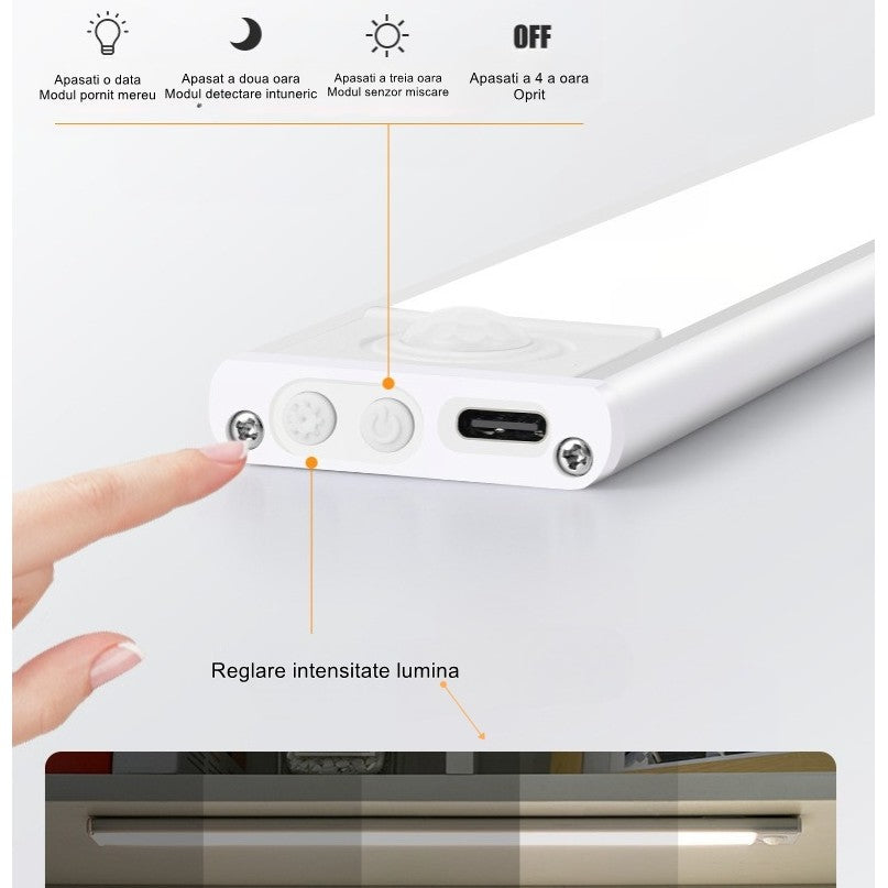 Lampa LED cu Senzor de Miscare si Lumina, Intensitate Reglabila, Suport Magnetic, Incarcare USB-C, Acumulator 600mAh, 79 LED-uri, 30 cm, Alb/Argintiu
