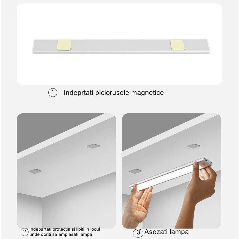 Lampa LED cu Senzor de Miscare si Lumina, Intensitate Reglabila, Suport Magnetic, Incarcare USB-C, Acumulator 600mAh, 79 LED-uri, 30 cm, Alb/Argintiu
