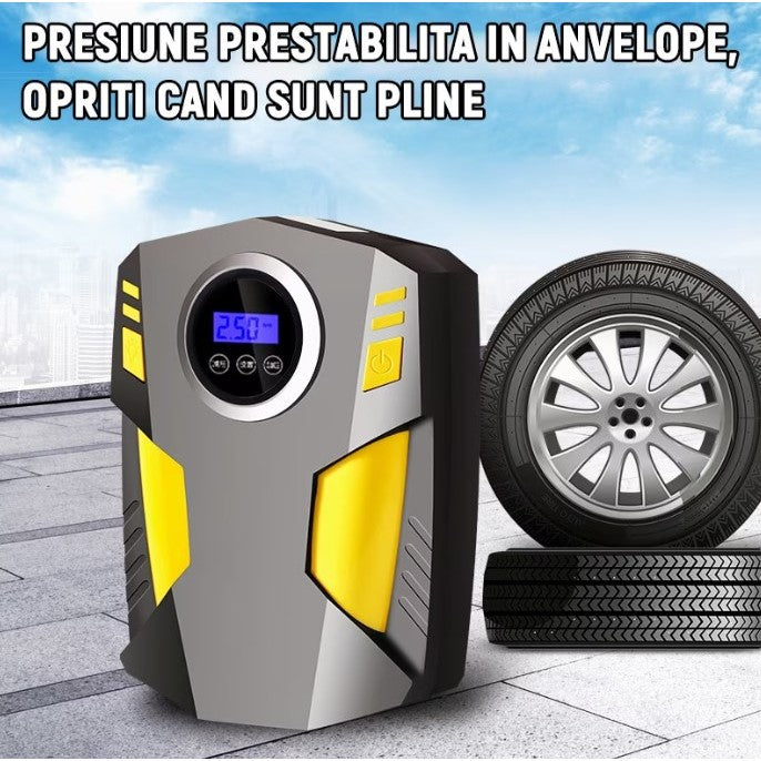 Compresor Auto Portabil cu Afisaj Electronic si Lanterna LED, Pompa Electrica 120W, 35L/min, Presiune Maxima 10.3 Bar, Alimentare DC 12V, Cablu 3m, Negru