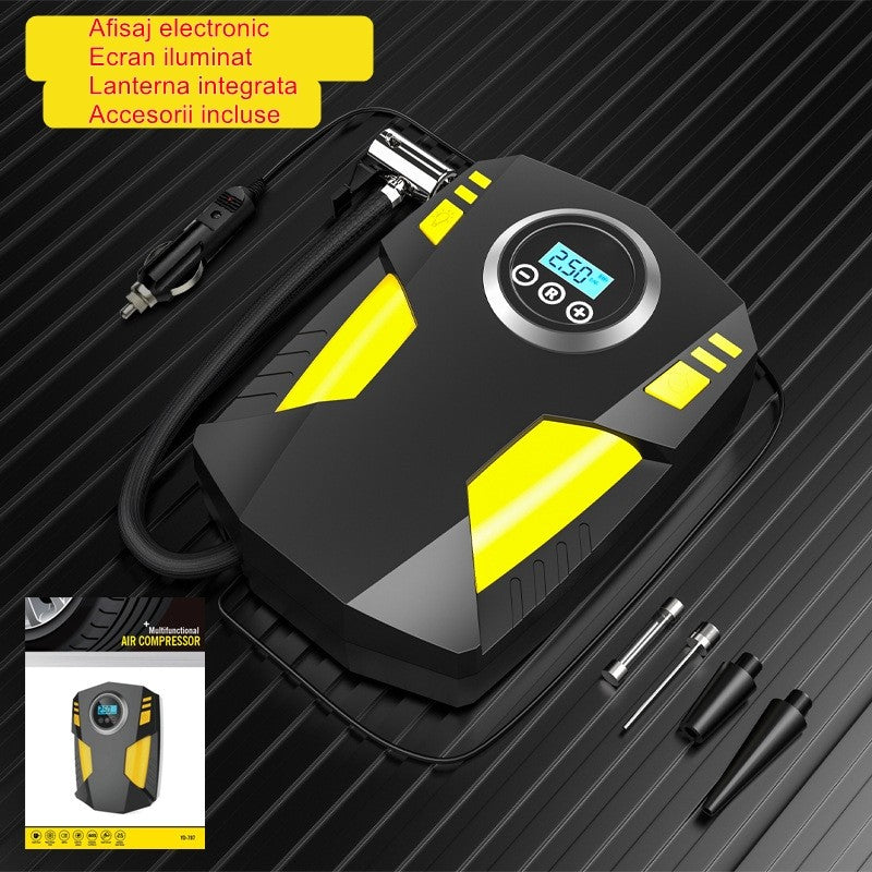 Compresor Auto Portabil cu Afisaj Electronic si Lanterna LED, Pompa Electrica 120W, 35L/min, Presiune Maxima 10.3 Bar, Alimentare DC 12V, Cablu 3m, Negru