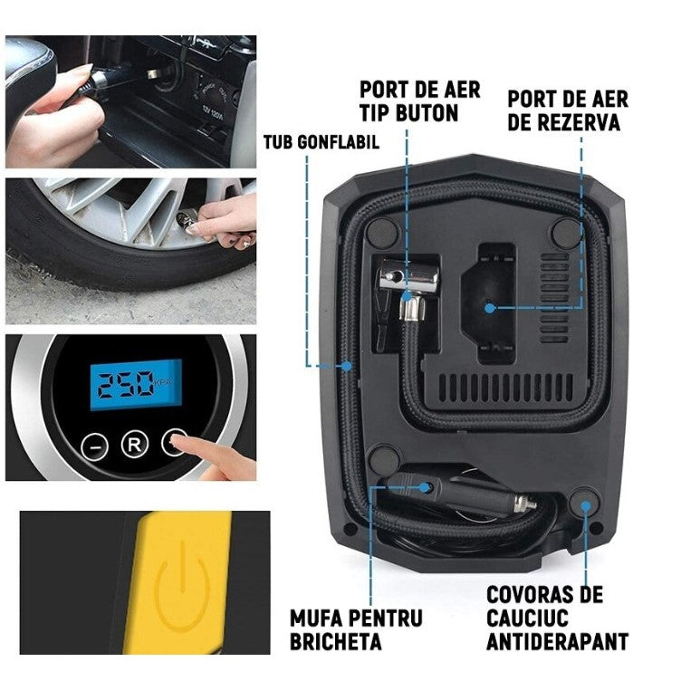 Compresor Auto Portabil cu Afisaj Electronic si Lanterna LED, Pompa Electrica 120W, 35L/min, Presiune Maxima 10.3 Bar, Alimentare DC 12V, Cablu 3m, Negru