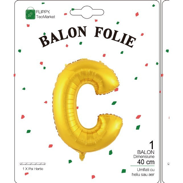 Balon Folie Metalizata Litera C, Umflare Aer sau Heliu, Decoratiuni Party, Folie Aluminiu, Pai Inclus, 40 cm, Auriu