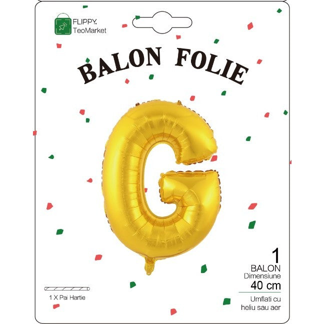 Balon Din Folie Metalizata Litera G, Decoratiune Petrecere Aniversara, Umflare Cu Heliu Sau Aer, Pai Inclus, Aluminiu, 40 cm, Auriu