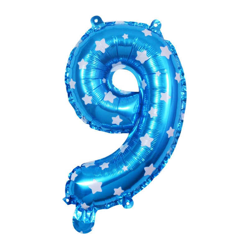 Balon Aniversar Cifra 9, Figurina din Folie Metalizata cu Imprimeu Stele, Umflare Aer sau Heliu, 80 cm, Albastru