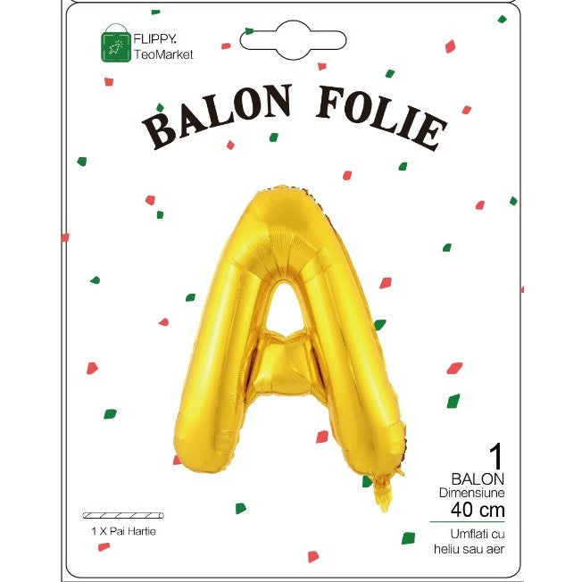 Balon Folie Metalizata Litera A, Umflare Heliu sau Aer, Include Pai pentru Umflare, Aluminiu, 40 cm, Auriu