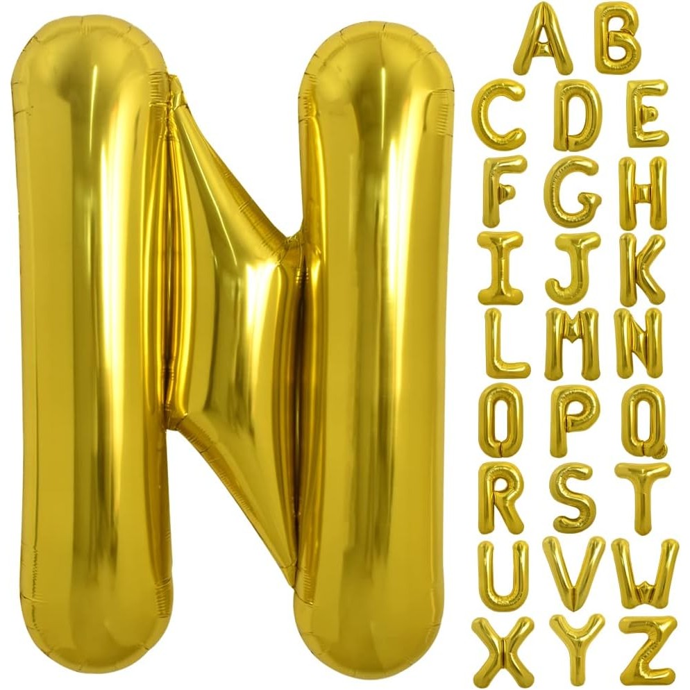 Balon Folie Metalizata Litera N, Decor Petrecere Aniversara, Compatibil Heliu sau Aer, Aluminiu, Pai Inclus, 40 cm, Auriu
