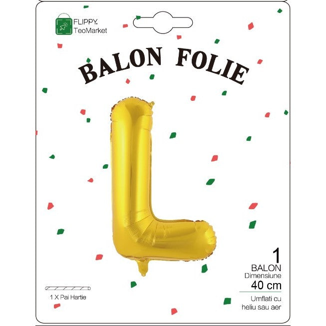 Balon Folie Metalizata Litera L, Umflare Heliu sau Aer, Decoratiuni Petrecere, Aluminiu, Include Pai Umflare, 40 cm, Auriu
