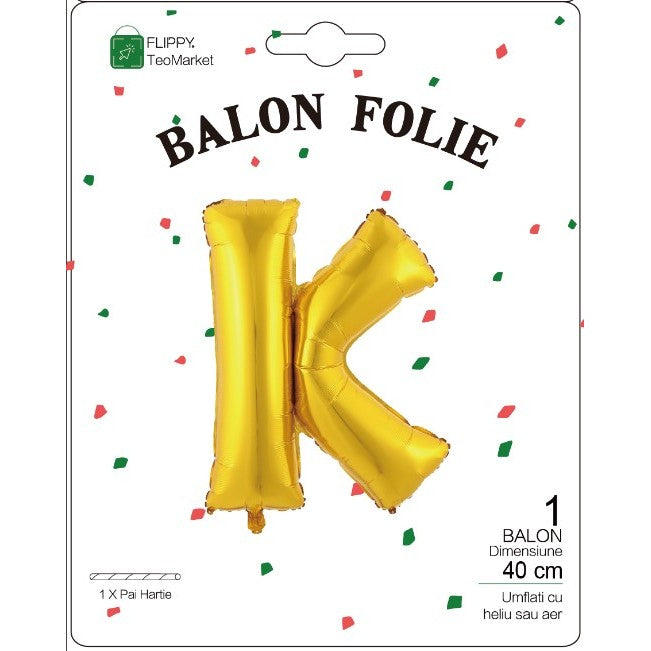 Balon Folie Metalizata Litera K, Umflare Heliu sau Aer, Decoratiuni Petrecere, Ambalaj Individual cu Pai Inclus, Aluminiu, 40 cm, Auriu