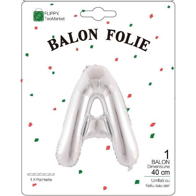 Balon Folie Metalizata Litera A, Umflare Heliu sau Aer, Include Pai pentru Umflat, Aluminiu, 40 cm, Argintiu