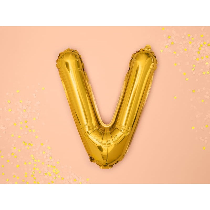 Balon Folie Metalizata Litera V, Decoratiune Petrecere cu Auto-Sigilare, Umflare Aer sau Heliu, Aluminiu, 40 cm, Auriu