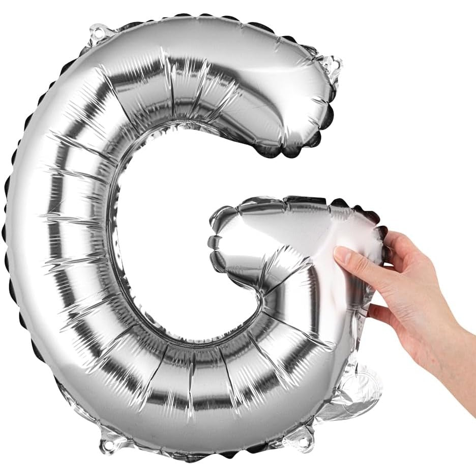 Balon Folie Metalizata Litera G, Decoratiune Petrecere Aniversara, Aluminiu, Rezistent Heliu sau Aer, cu Pai Inclus, Argintiu, 40 cm