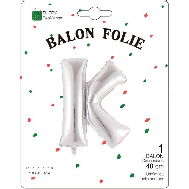 Balon Folie Metalizata Litera K, Umflare Heliu Sau Aer, Accesoriu Decor Petrecere, Aluminiu, Inclus Pai Umflare, 40 cm, Argintiu