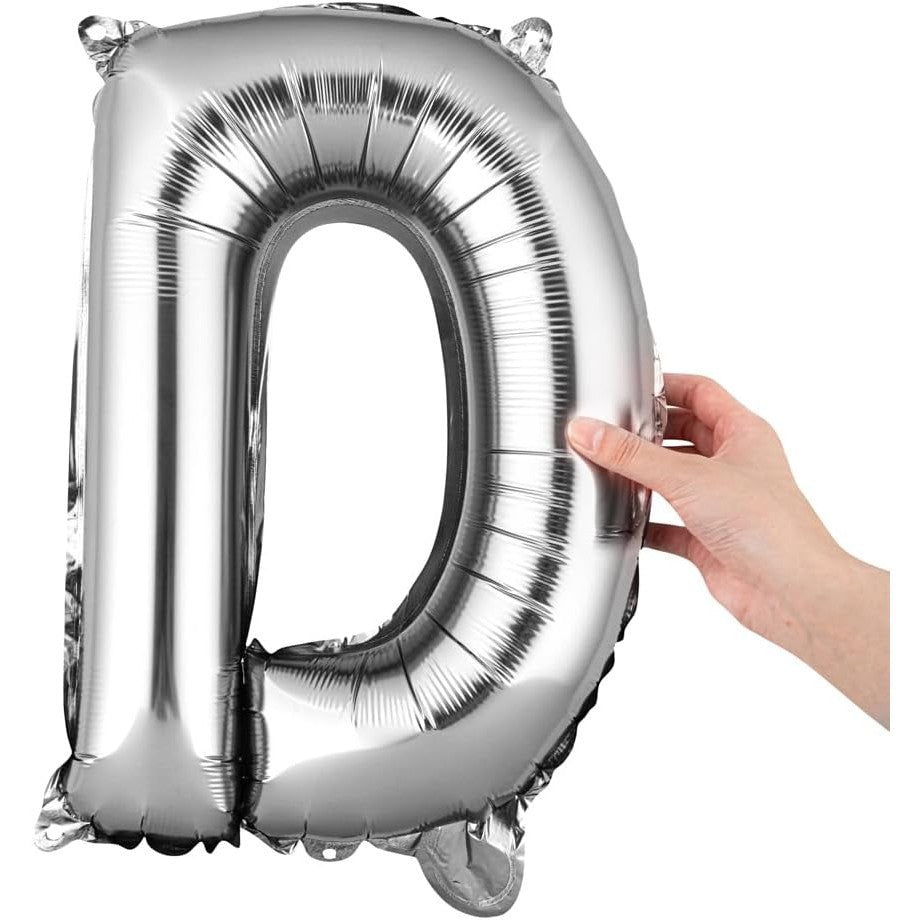 Balon Folie Metalizata Litera D, Decoratiune Petrecere Aniversara, Umflare Heliu sau Aer, Include Pai de Umflat, Argintiu, 40 cm