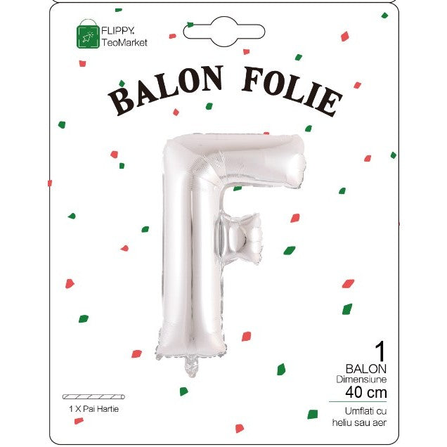 Balon Din Folie Metalizata Litera F, Decor Petrecere Si Aniversare, Umflare Aer Sau Heliu, Pai Inclus, Argintiu, 40 cm