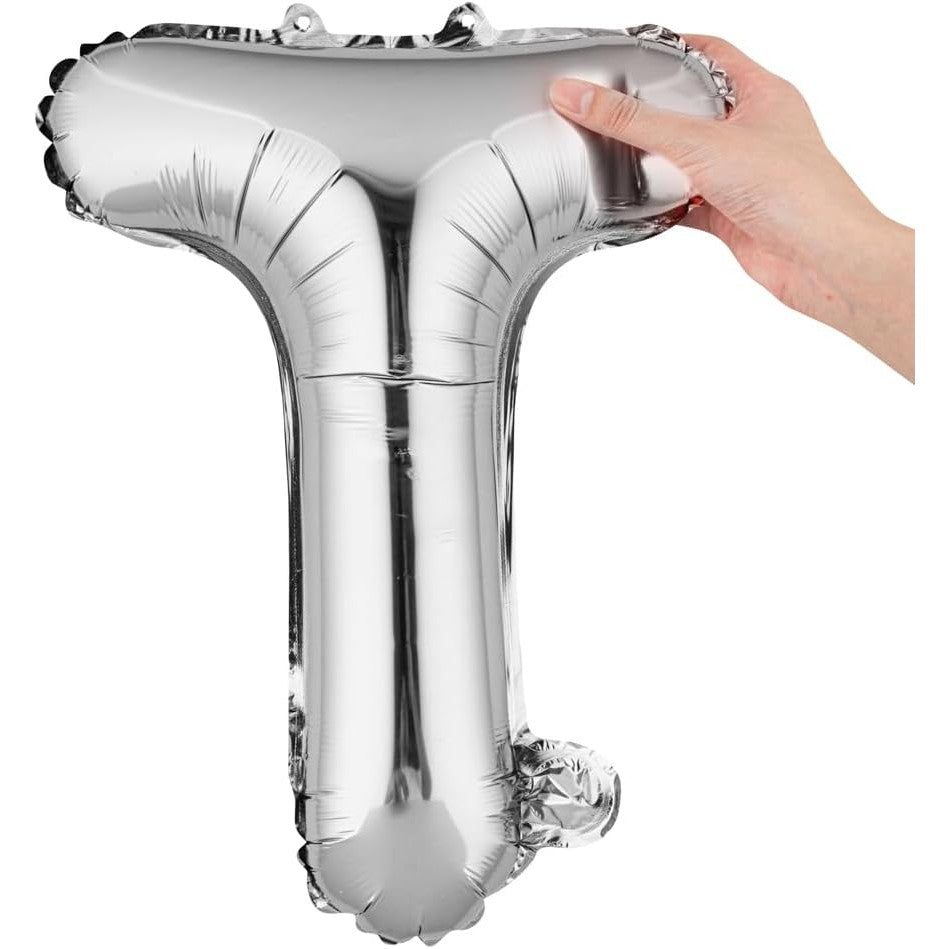 Balon Folie Metalizata Litera T, Decoratiune Petrecere, Umflare Heliu Sau Aer, Aluminiu, Include Pai, 40 cm, Argintiu