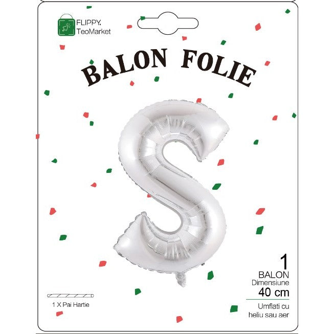 Balon Folie Metalizata Litera S, 40 cm, Umflare Heliu sau Aer, Include Pai de Umflare, Folie Aluminiu, Argintiu