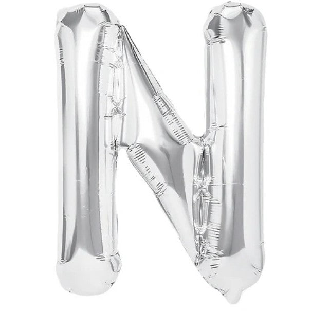 Balon Folie Metalizata Litera N, Decoratiune Petrecere Umflarea cu Heliu sau Aer, Aluminiu, Inaltime 40 cm, Pai Inclus, Argintiu
