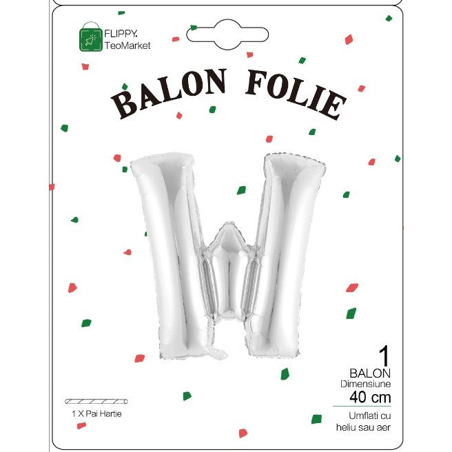 Balon Folie Metalizata Litera W, Decoratiune Petrecere Aniversara, Compatibil Heliu sau Aer, Include Pai de Umflare, Argintiu, 40 cm