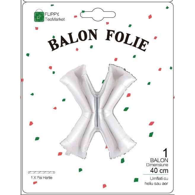 Balon Folie Metalizata Litera X, Figurina Aniversara Petrecere, Umflare Heliu sau Aer, Include Pai, Argintiu, 40 cm