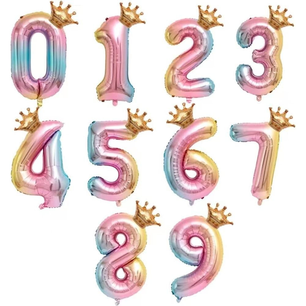 Balon Aniversar Cifra 8 cu Coronita, Figurina din Folie de Aluminiu, Design Gradient Multicolor, Umflare Aer sau Heliu, 80 cm