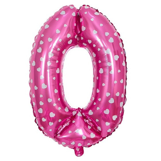Balon din Folie Metalizata Cifra 0, Figurina Aniversara cu Imprimeu Inimi, Umflare Aer sau Heliu, Roz, 80 cm, 1 Bucata