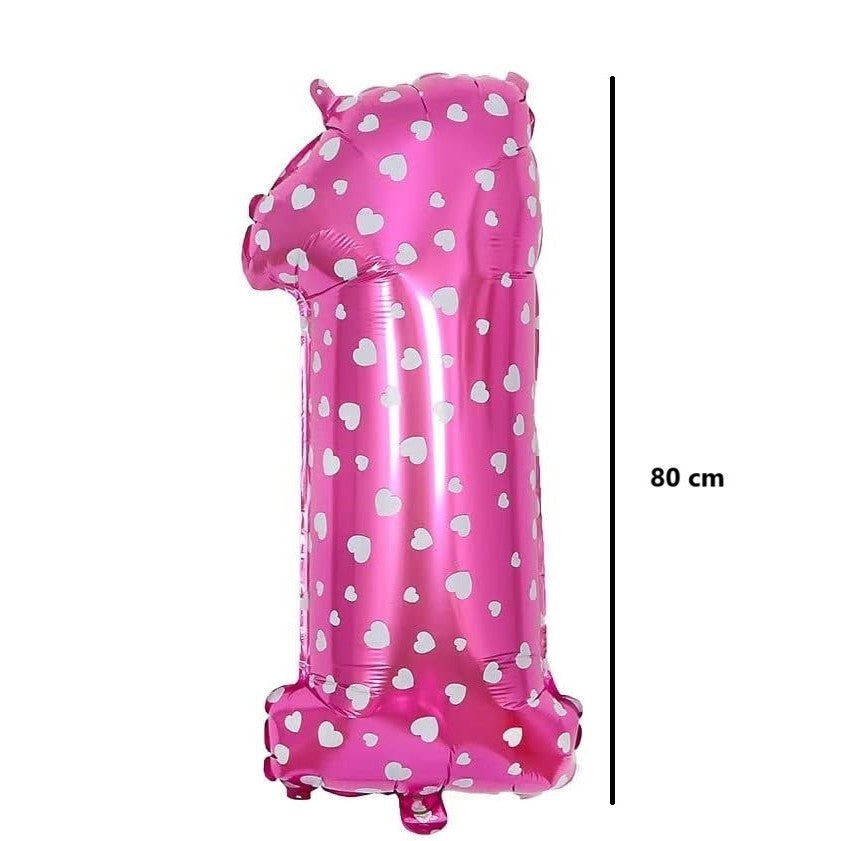 Balon Aniversar Cifra 1, Figurina din Folie Metalizata cu Imprimeu Inimi, Umflare Aer sau Heliu, Roz, 80 cm, Pai Inclus