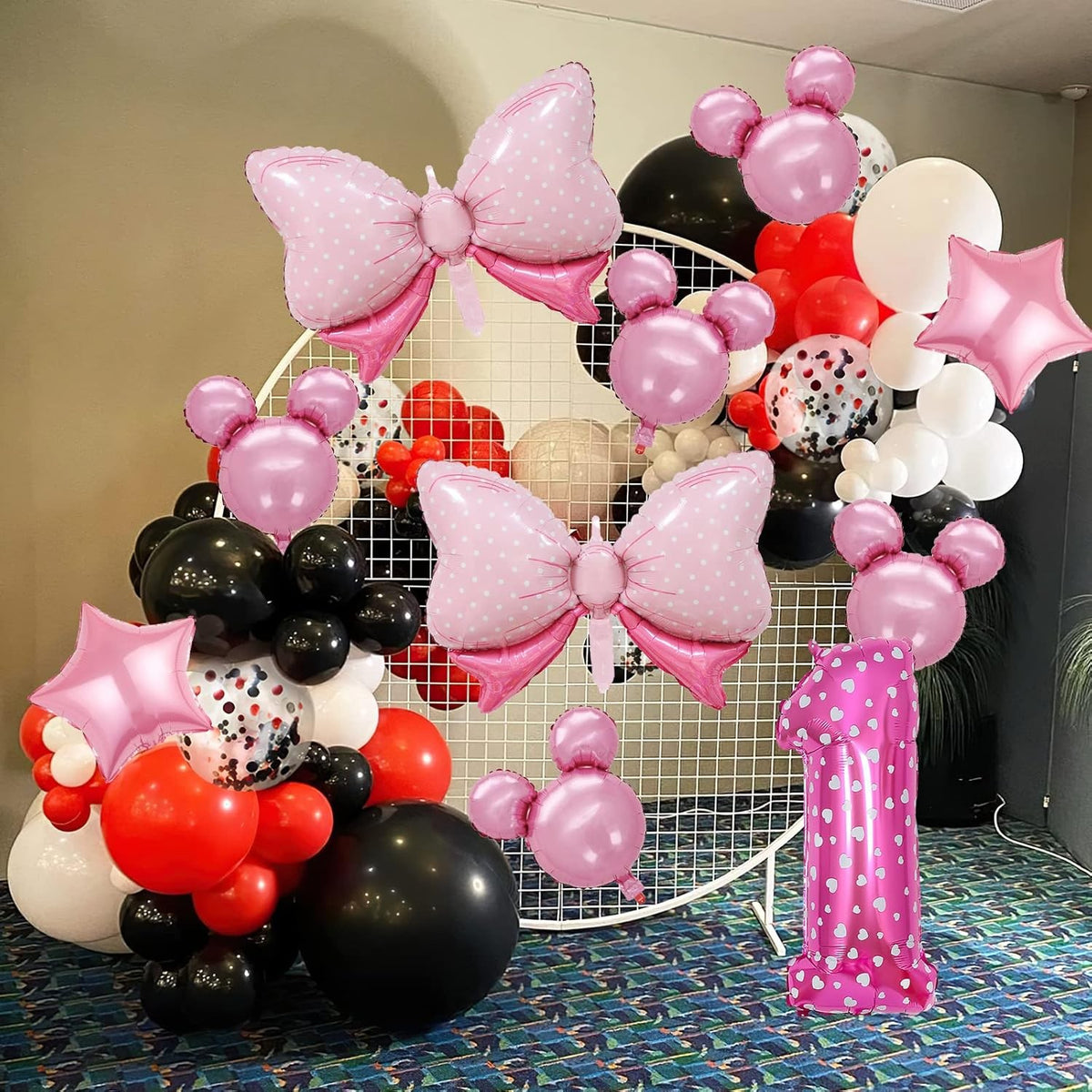 Balon Aniversar Cifra 1, Figurina din Folie Metalizata cu Imprimeu Inimi, Umflare Aer sau Heliu, Roz, 80 cm, Pai Inclus