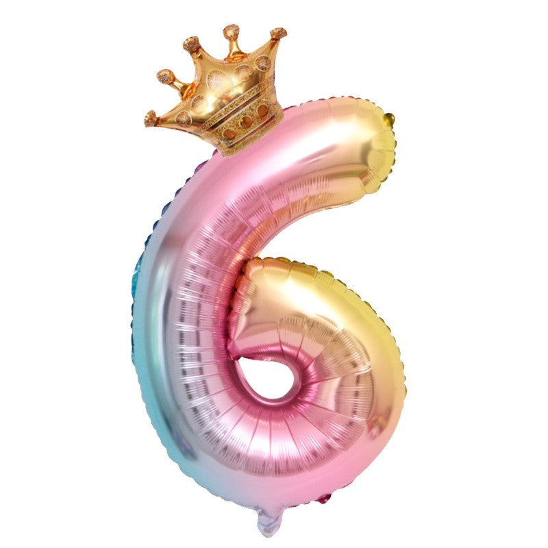 Balon Aniversar Cifra 6, Figurina din Folie Metalizata cu Coronita, Design Gradient, Umflare Aer sau Heliu, Inaltime 80 cm, Multicolor