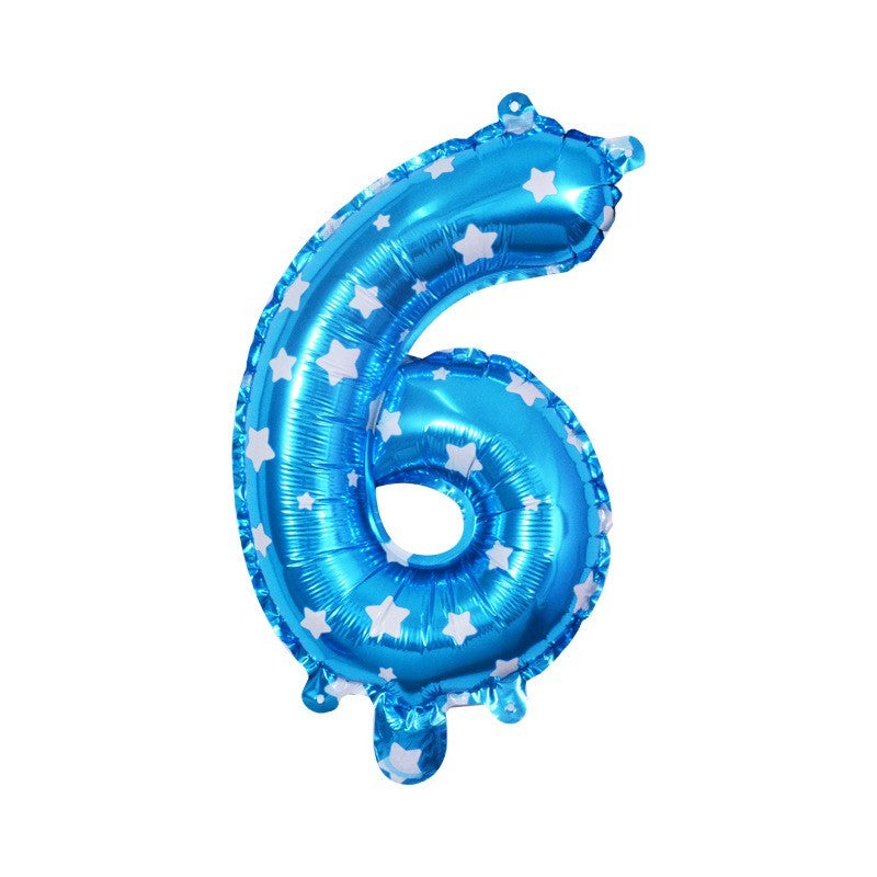 Balon Aniversar Cifra 6, Figurina din Folie Metalizata cu Imprimeu Stele, Umflare Aer sau Heliu, 80 cm, Albastru