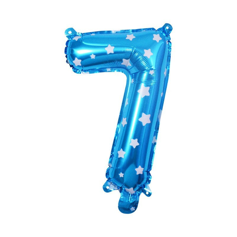 Balon Aniversar Cifra 7, Figurina din Folie Metalizata cu Imprimeu Stele, Umflare Aer sau Heliu, include Pai, 80 cm, Albastru