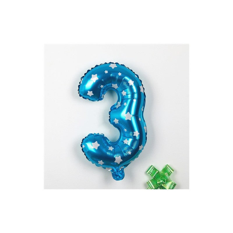 Balon Aniversar Cifra 3, Figurina din Folie Metalizata cu Imprimeu Stele, Umflare Aer sau Heliu, 80 cm, Albastru
