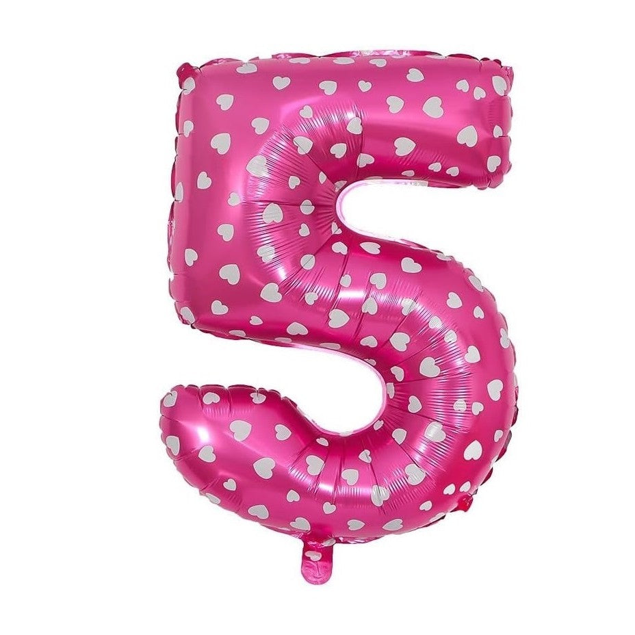 Balon Cifra 5 din Folie Metalizata, Figurina Aniversara cu Imprimeu Inimi, Set cu Pai Inclus, Umflare Aer sau Heliu, Roz, 80 cm