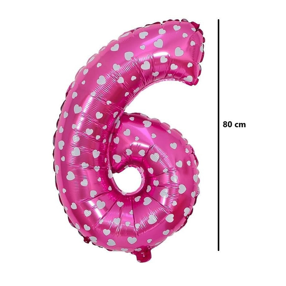 Balon Din Folie Metalizata In Forma De Cifra 6, Imprimeu Inimi, Figurina Aniversara Umflare Aer Sau Heliu, Include Pai, Roz, 80 cm