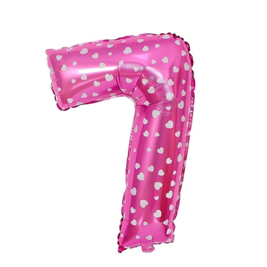 Balon Figurina Cifra 7, Imprimeu Inimi pentru Aniversare, Folie Metalizata, Umflare Aer sau Heliu, Include Pai, Roz, 80 cm