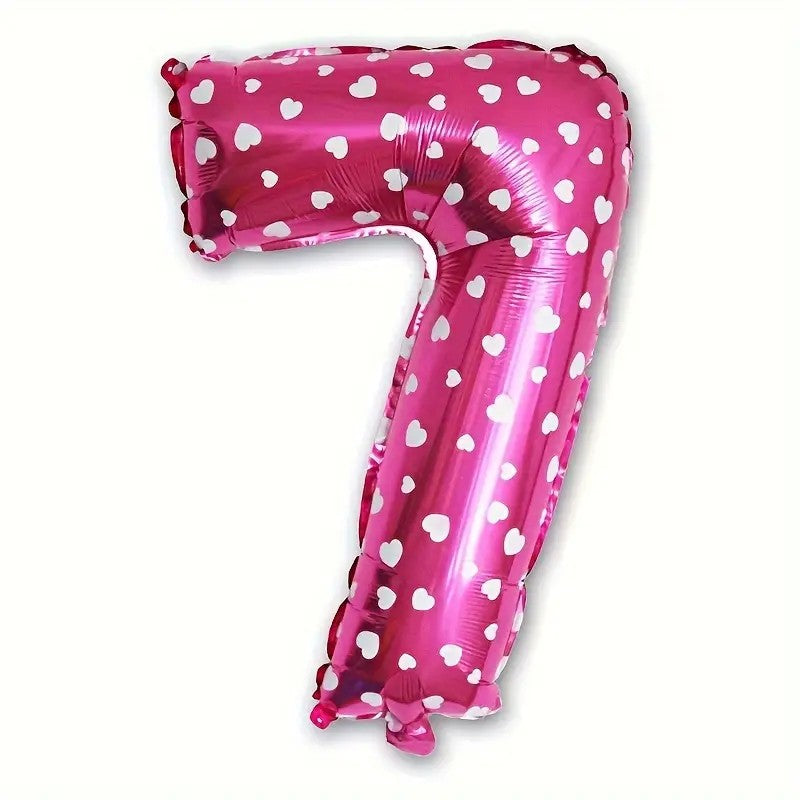Balon Figurina Cifra 7, Imprimeu Inimi pentru Aniversare, Folie Metalizata, Umflare Aer sau Heliu, Include Pai, Roz, 80 cm