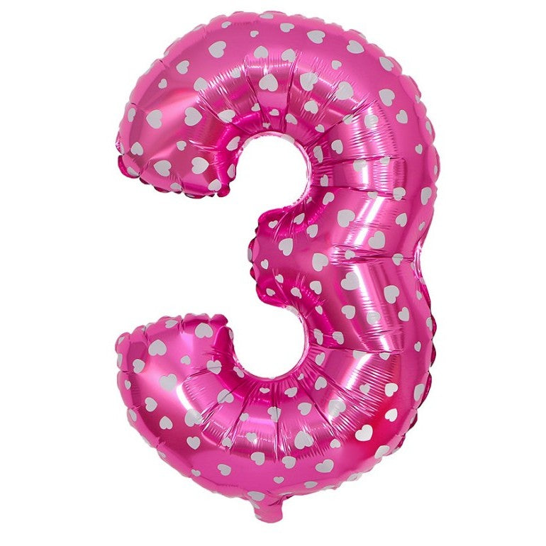 Balon Aniversar Cifra 3, Figurina din Folie Metalizata cu Imprimeu Inimi, Potrivit pentru Aer sau Heliu, Roz, 80 cm