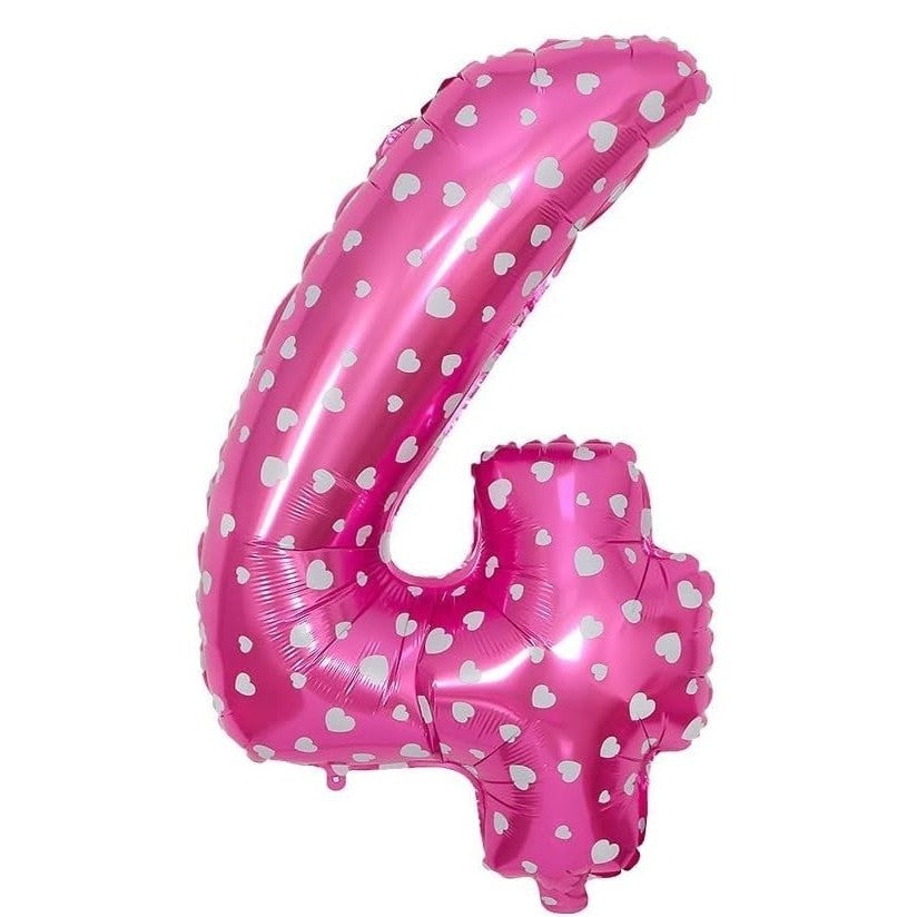 Balon Cifra 4 din Folie Metalizata, Imprimeu Inimi, Figurina Aniversare pentru Aer sau Heliu, Roz, 80 cm, Pai Inclus