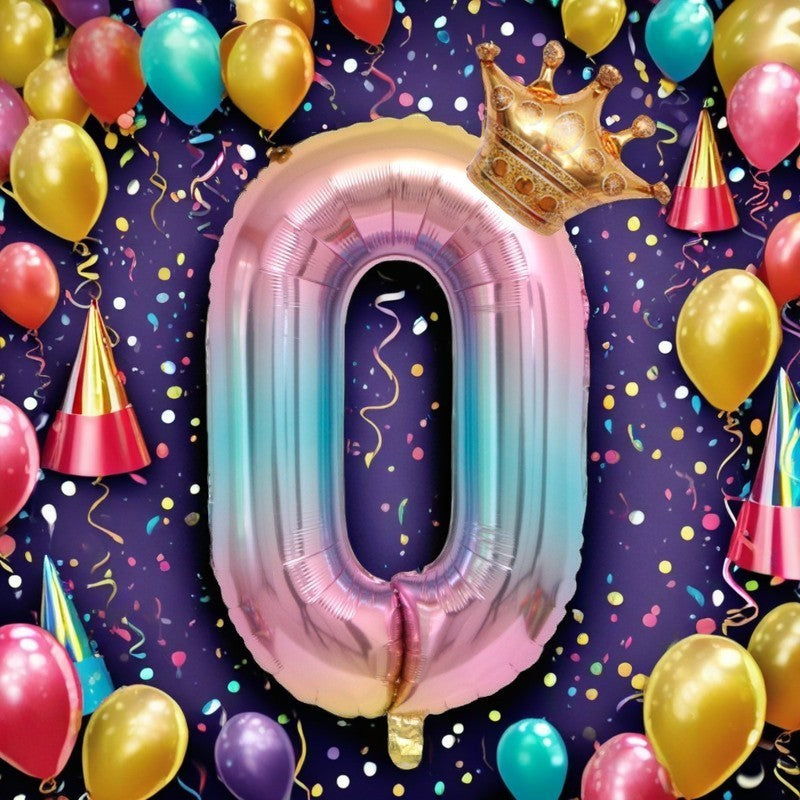 Balon Aniversar Cifra 0, Figurina din Folie Metalizata cu Coronita, Design Gradient, Umflare Aer sau Heliu, 80 cm