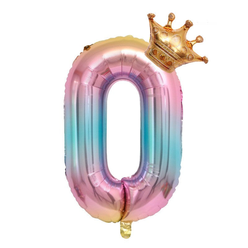 Balon Aniversar Cifra 0, Figurina din Folie Metalizata cu Coronita, Design Gradient, Umflare Aer sau Heliu, 80 cm