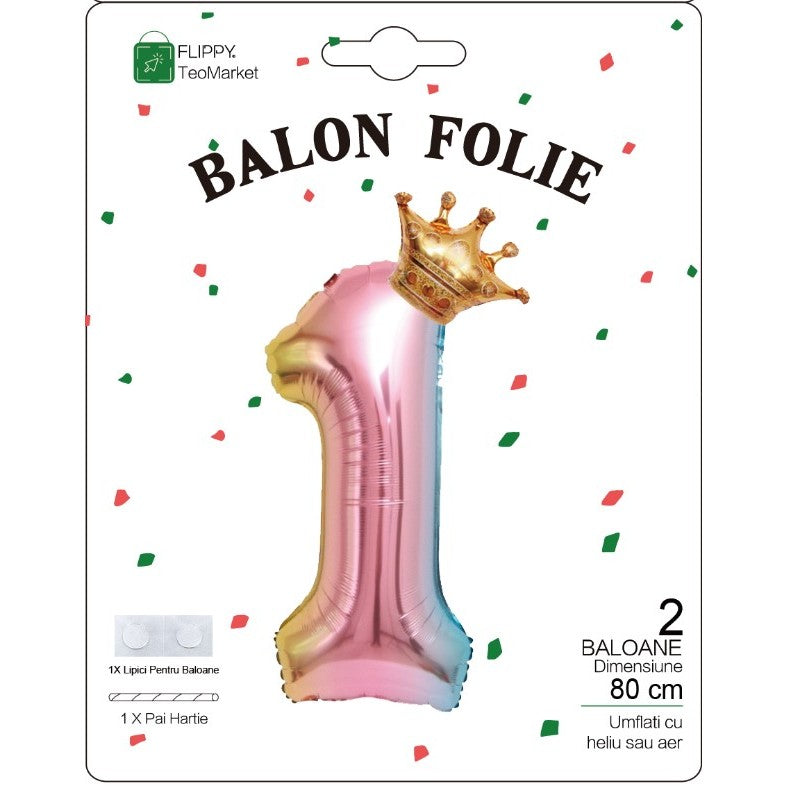 Balon Aniversar Cifra 1, Figurina Cifra Gradient cu Coronita, Folie Metalizata, Umflare Aer sau Heliu, 80 cm, Multicolor