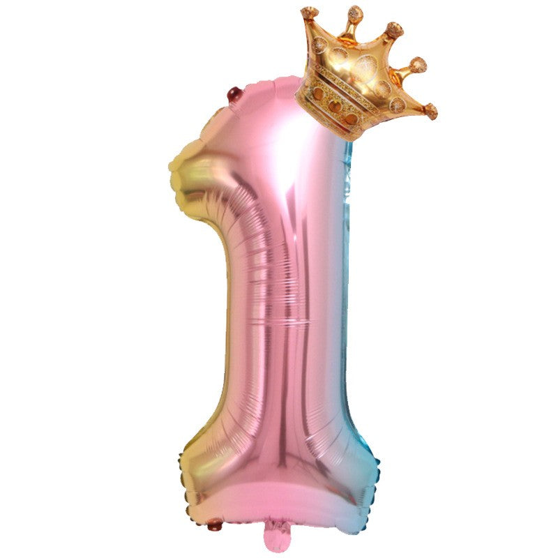 Balon Aniversar Cifra 1, Figurina Cifra Gradient cu Coronita, Folie Metalizata, Umflare Aer sau Heliu, 80 cm, Multicolor