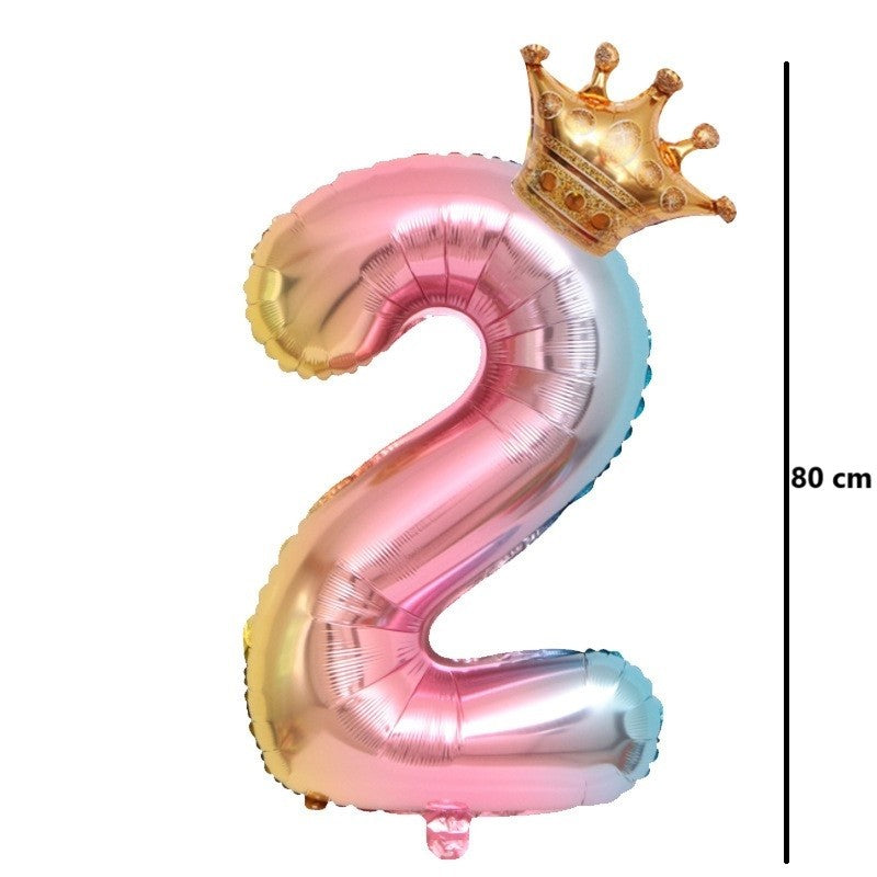 Balon Aniversar Cifra 2, Figurina Gigant cu Coronita, Design Gradient Multicolat, Folie de Aluminiu, Umflare Aer sau Heliu, 80 cm, Include Pai de Umflare