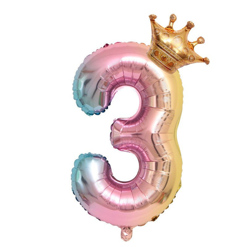 Balon Cifra 3 Aniversar, Figurina cu Coronita, Efect Gradient, Folie Metalizata, Umflare Aer sau Heliu, 80 cm, Multicolor